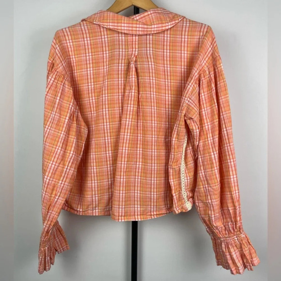 Intimately Free People Orange Pink Plaid Button Down Collared Long Sleeve Blouse - Picture 7 of 8